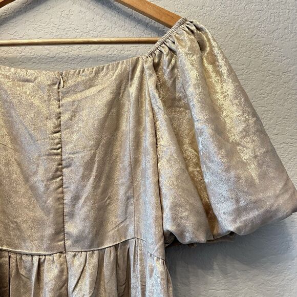 NWT Celadon Puff Sleeve Baby Doll Dress Metallic Gold Women Off Shoulder Size L - Picture 7 of 13